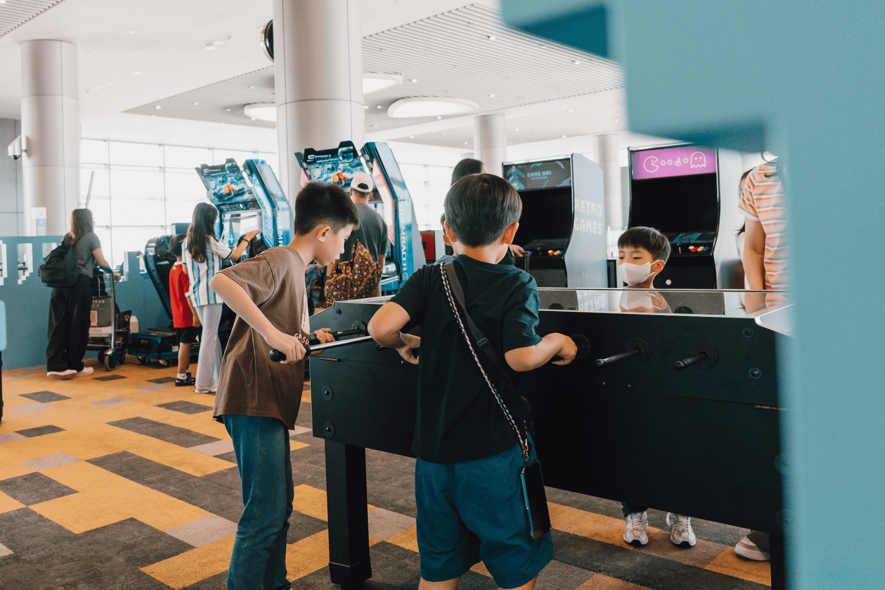 Travellers playing foosball