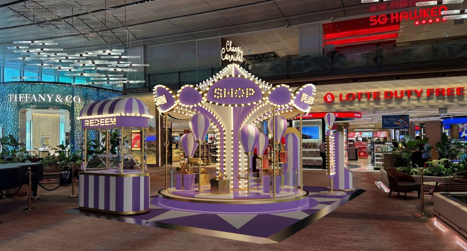 Pop up with a carousel centrepiece, game kiosk and redemption booth. 